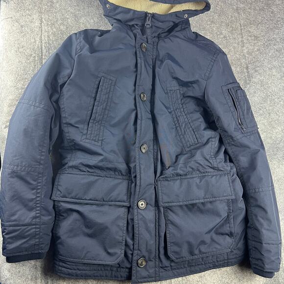 AMERICAN EAGLE OUTFITTERS Men's Nylon Parka Jacket Sz S Sherpa‎ Hood Dark Navy - Picture 1 of 9